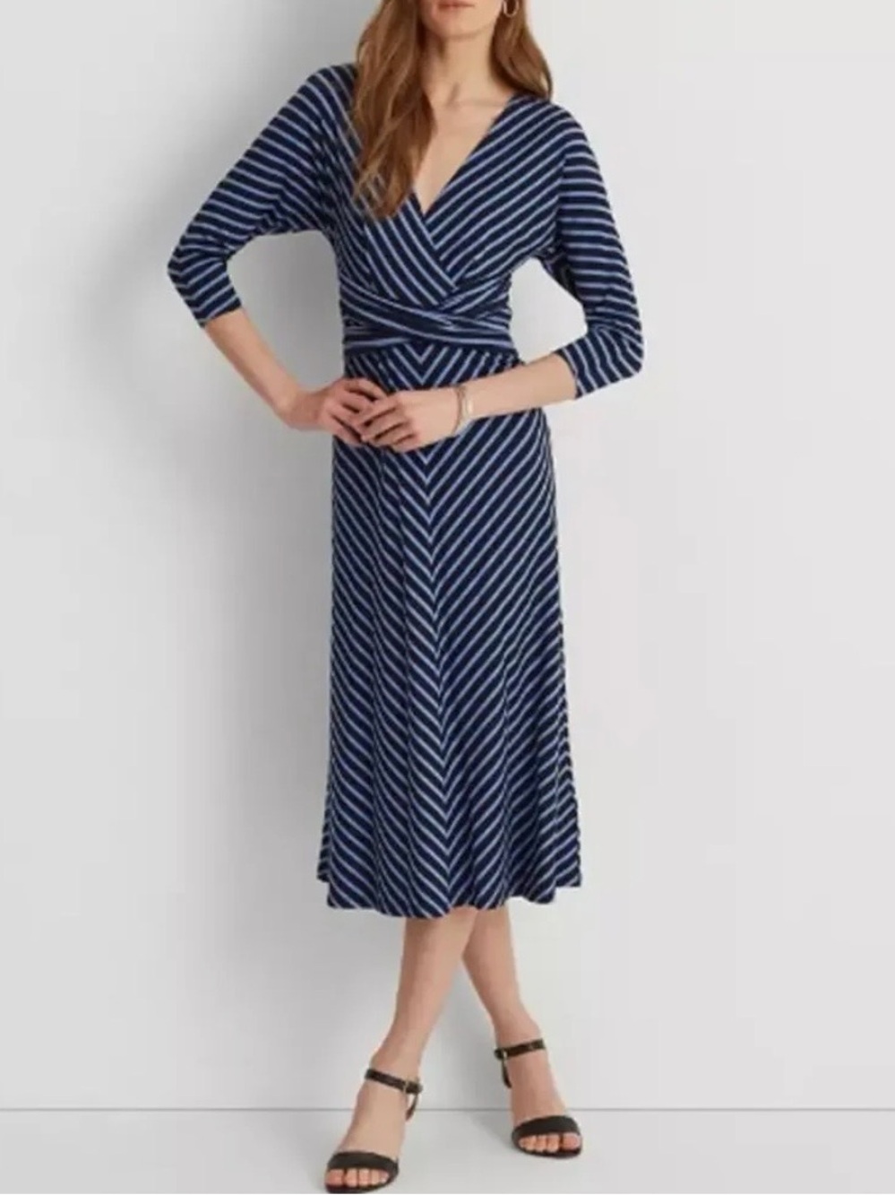 Lauren Ralph Lauren Black Label Chevron Stripe Faux Wrap Midi Dress Size 8